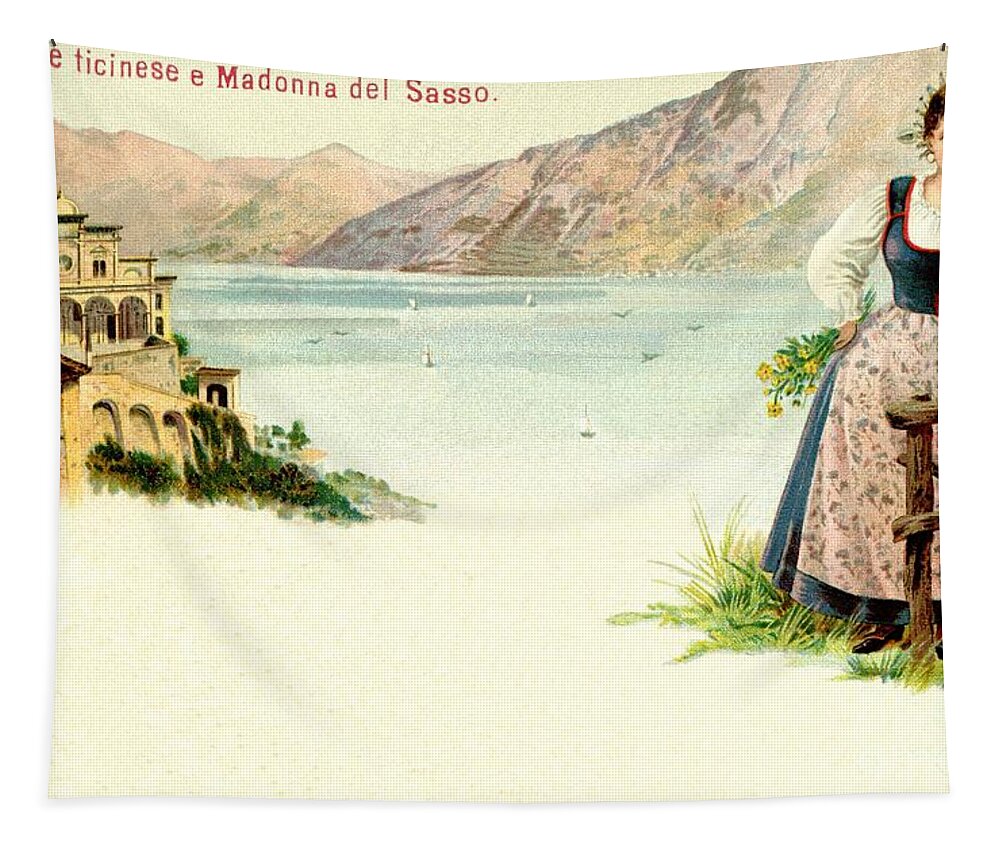 Lithography Tapestry featuring the digital art Madonna del Sasso and woman in Ticinese dress by Heidi De Leeuw