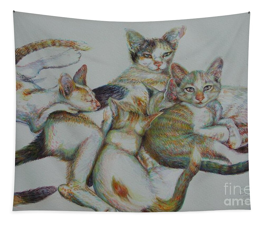Cats Tapestry featuring the painting The Family by Sukalya Chearanantana