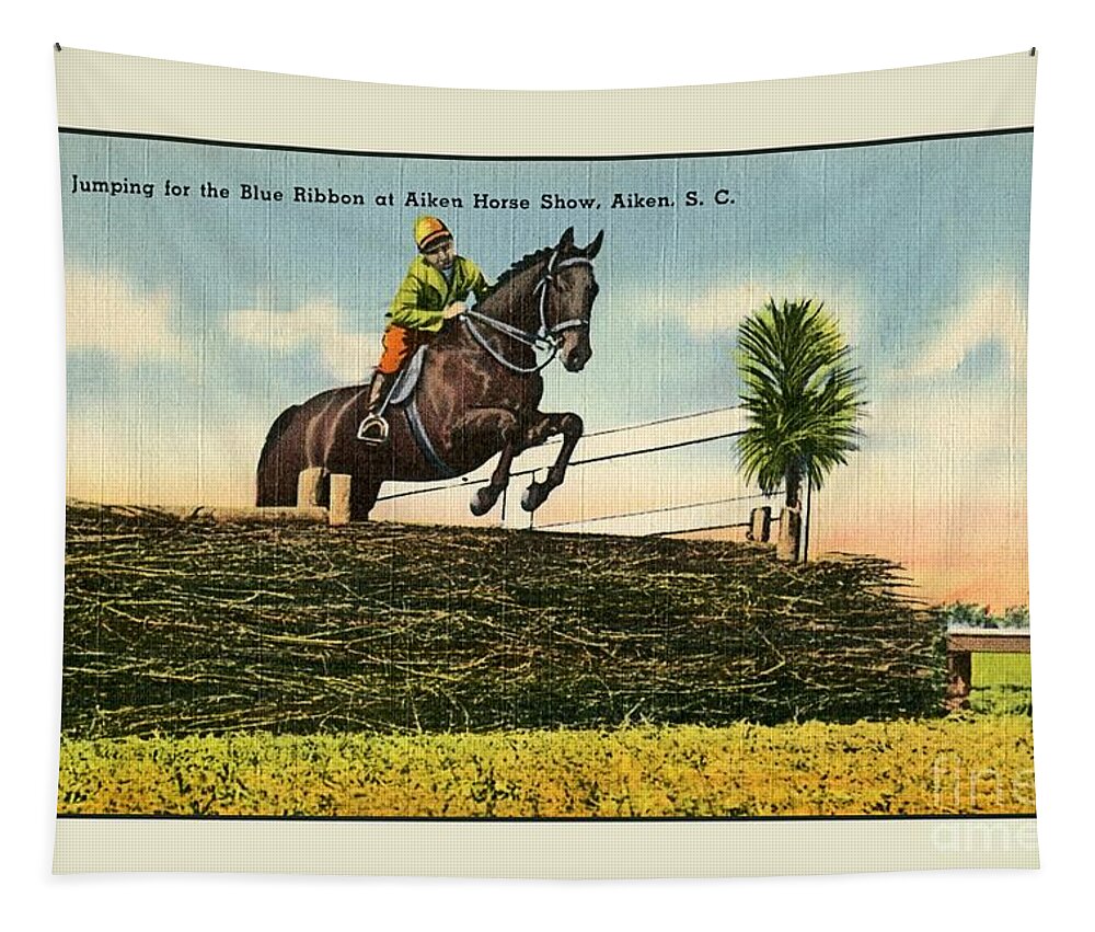  Tapestry featuring the digital art Vintage horse jumping, Aiken Horse Show, SC by Heidi De Leeuw