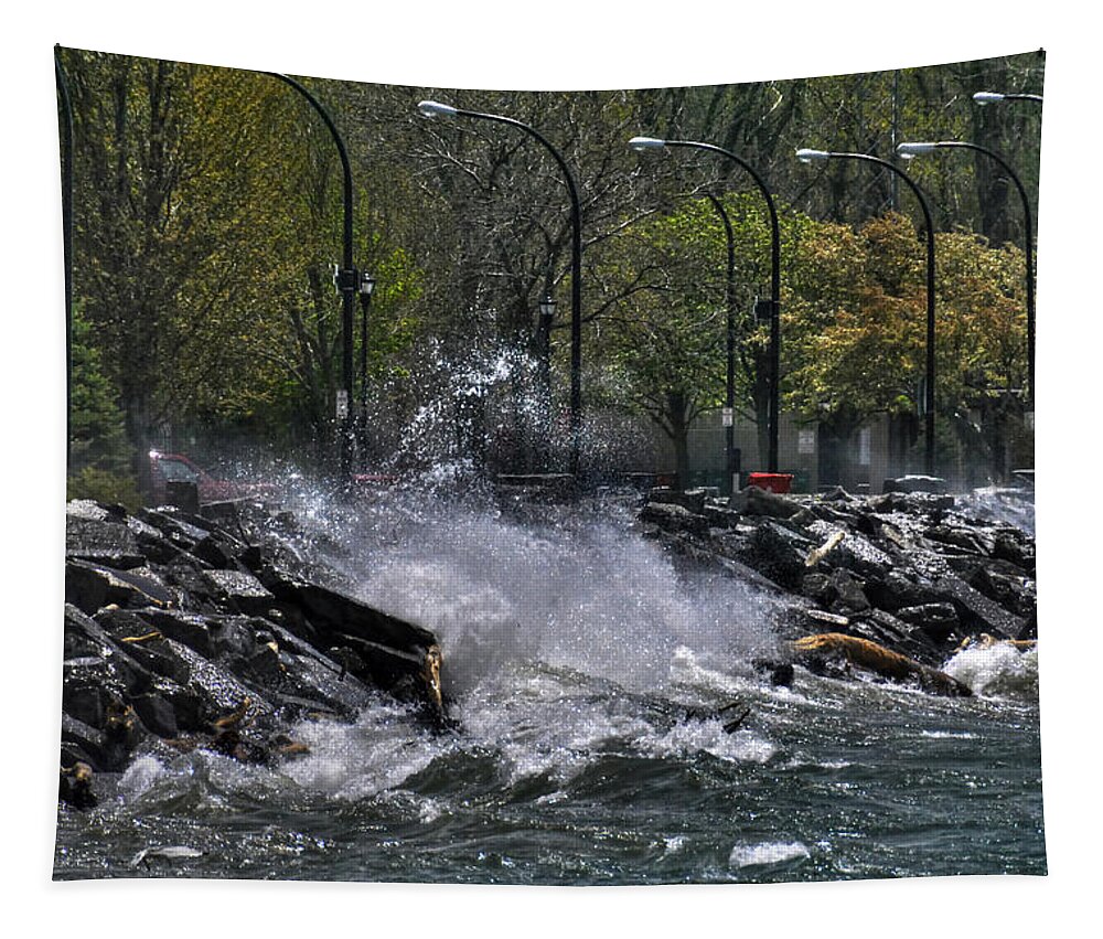 Buffalo Tapestry featuring the photograph 01 High Winds and Crashing Waves at Erie Basin Marina 14MAY16 by Michael Frank Jr