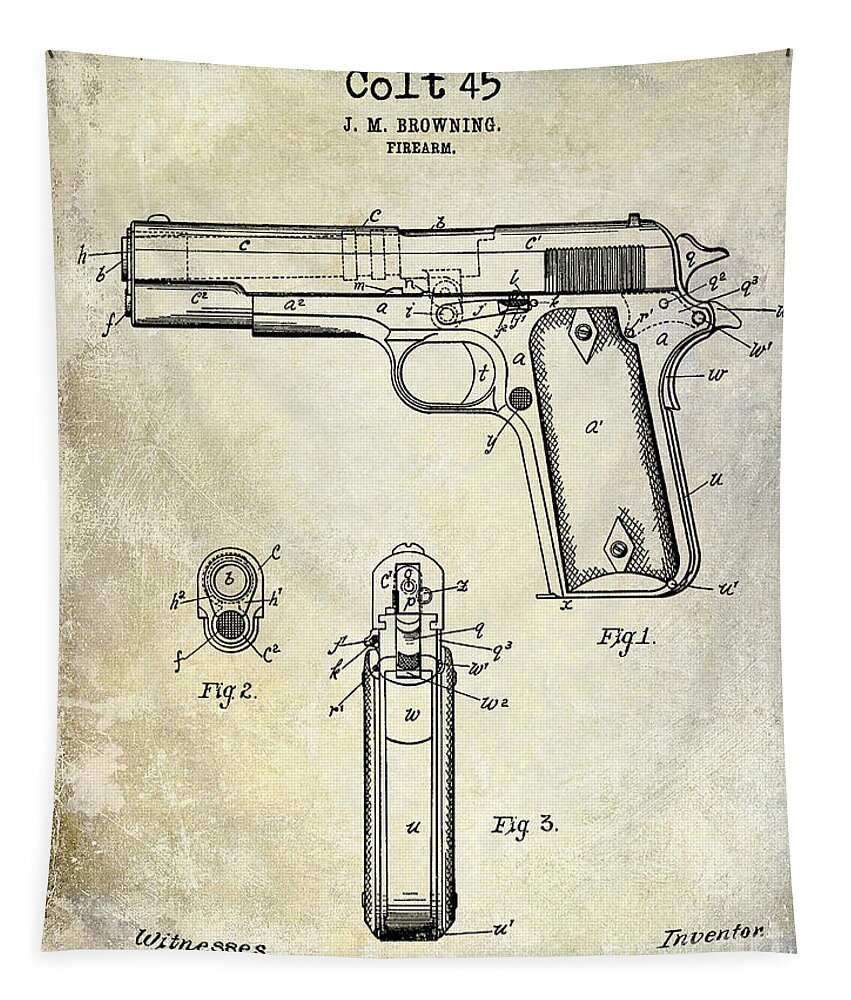 Pistol Tapestry featuring the photograph 1911 Colt 45 Firearm Patent by Jon Neidert