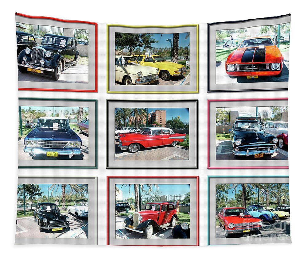 Tmj Tapestry featuring the photograph 9 image Collage of vintage cars #1 by Tomi Junger