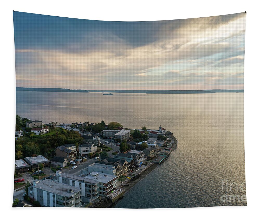 Seattle Tapestry featuring the photograph Aerial Alki Point Sunset #1 by Mike Reid