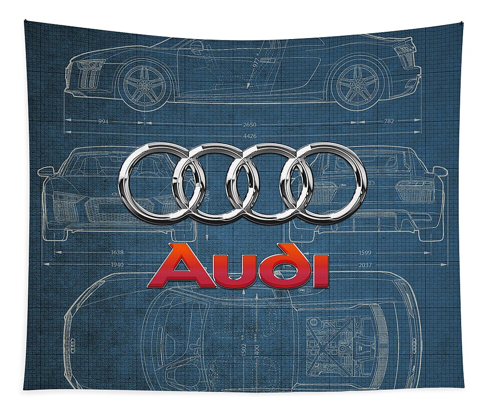  �wheels Of Fortune� Collection By Serge Averbukh Tapestry featuring the photograph Audi 3 D Badge over 2016 Audi R 8 Blueprint by Serge Averbukh