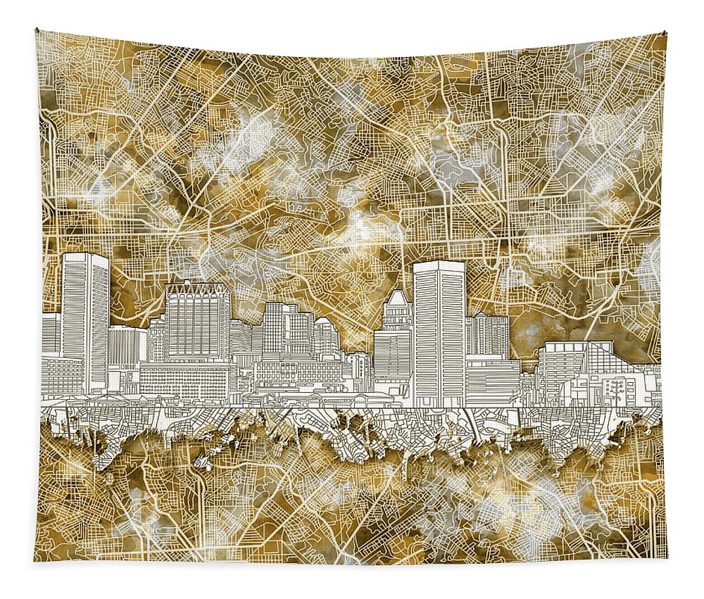 Baltimore Tapestry featuring the painting Baltimore Skyline Watercolor 13 #1 by Bekim M