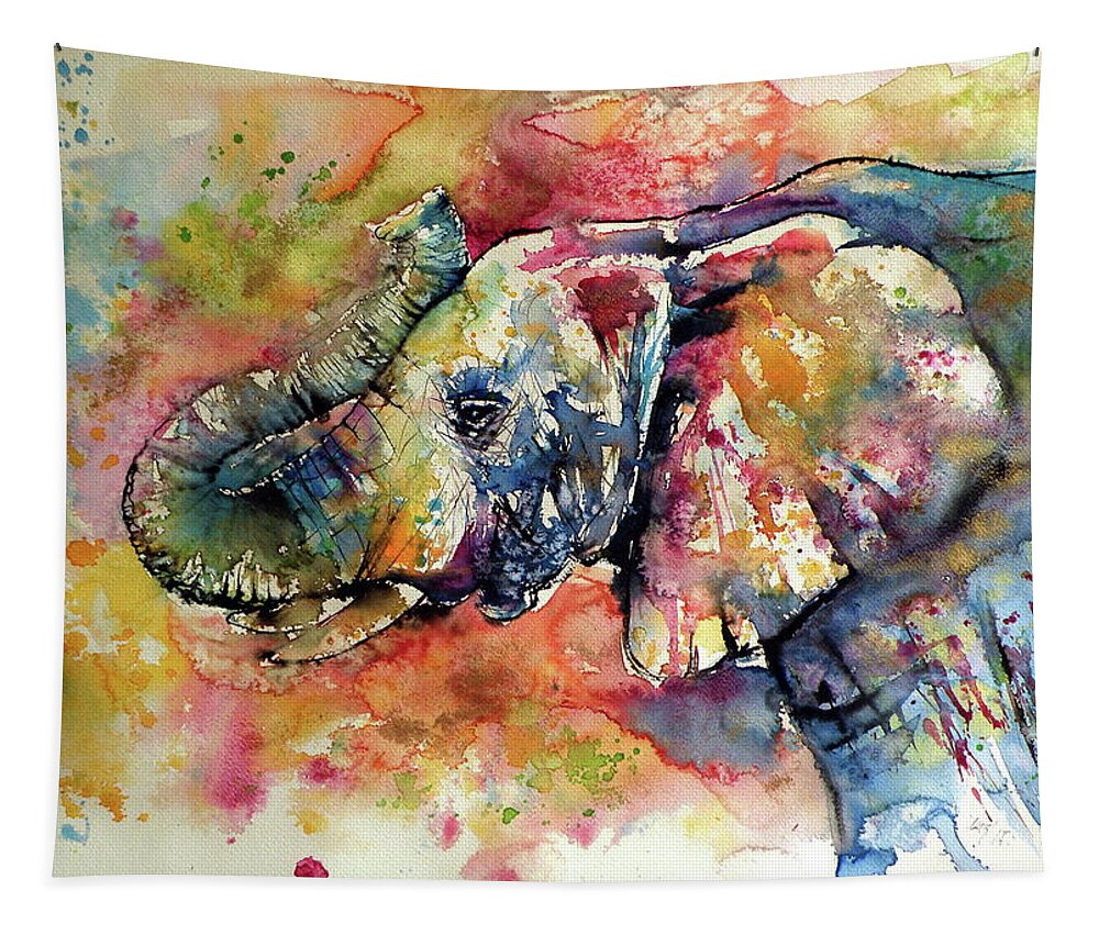 Elephant Tapestry featuring the painting Big colorful elephant by Kovacs Anna Brigitta