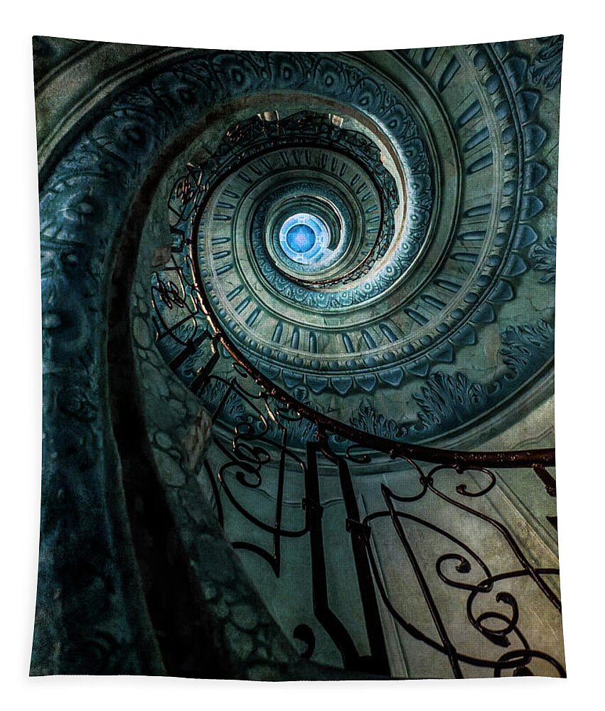 Spiral Tapestry featuring the photograph Blue spiral staircase #1 by Jaroslaw Blaminsky