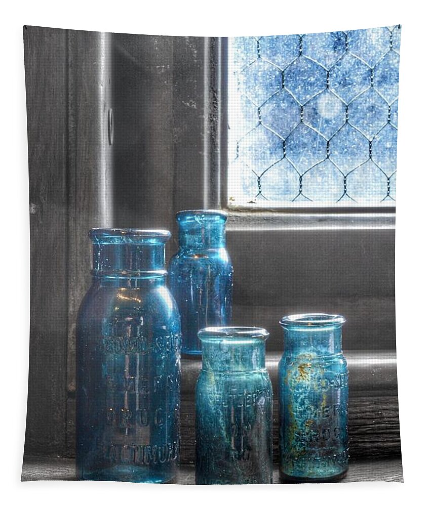 Bromo Seltzer Vintage Glass Bottles Tapestry featuring the photograph Bromo Seltzer Vintage Glass Bottles by Marianna Mills