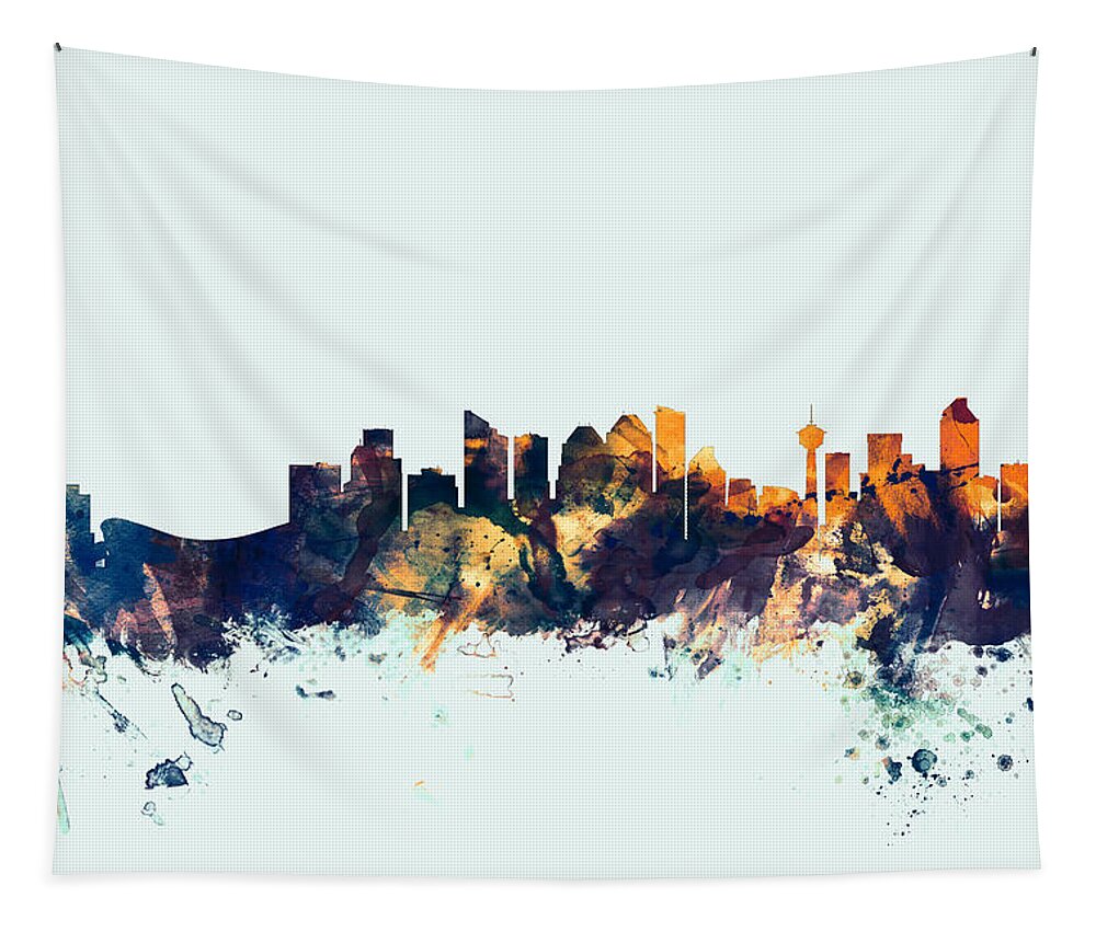 City Skyline Tapestry featuring the digital art Calgary Canada Skyline #1 by Michael Tompsett