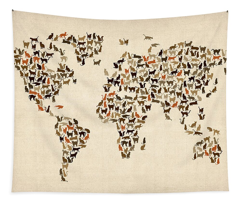 World Map Tapestry featuring the digital art Cats Map of the World Map #1 by Michael Tompsett