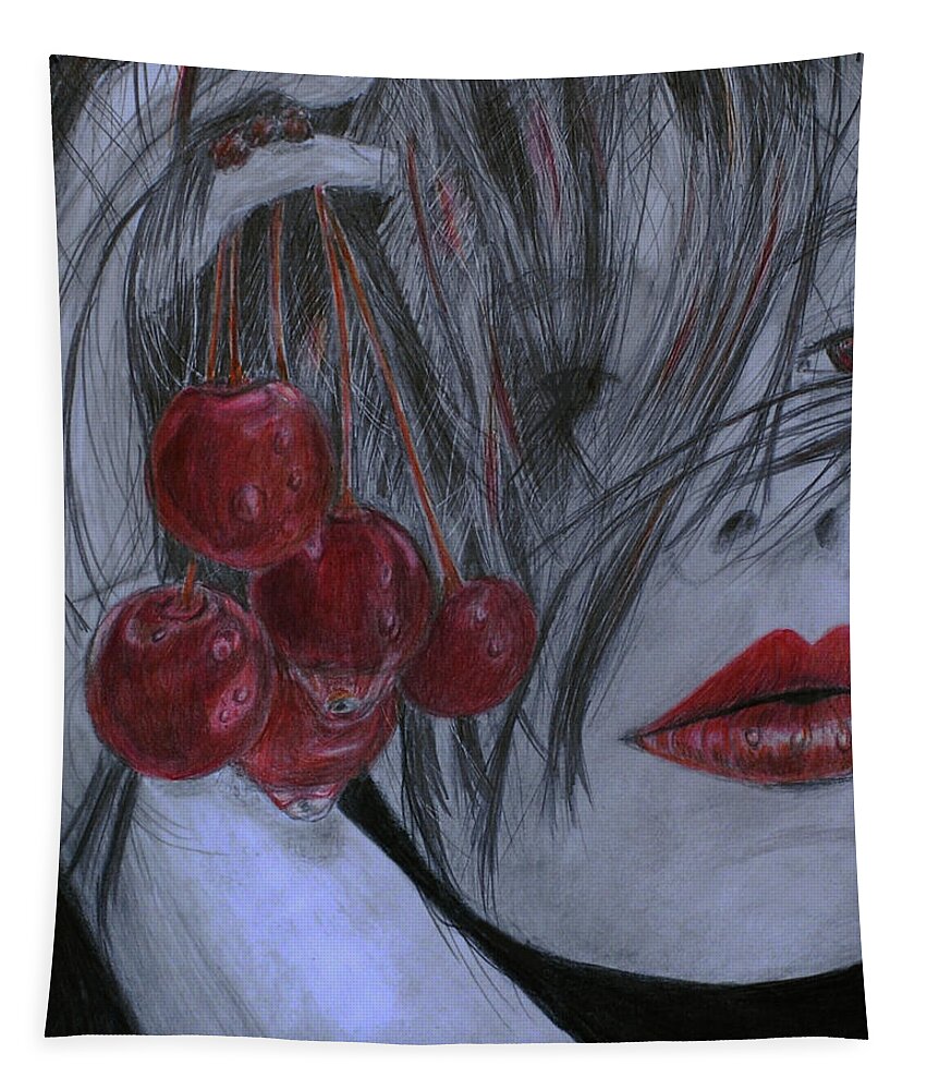 Portrait Tapestry featuring the drawing Cherry Kisses by Quwatha Valentine