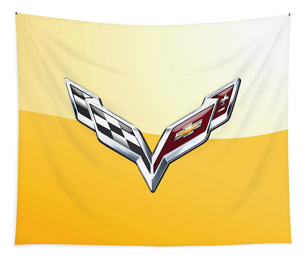 �wheels Of Fortune� Collection By Serge Averbukh Tapestry featuring the photograph Chevrolet Corvette 3D Badge on Yellow by Serge Averbukh