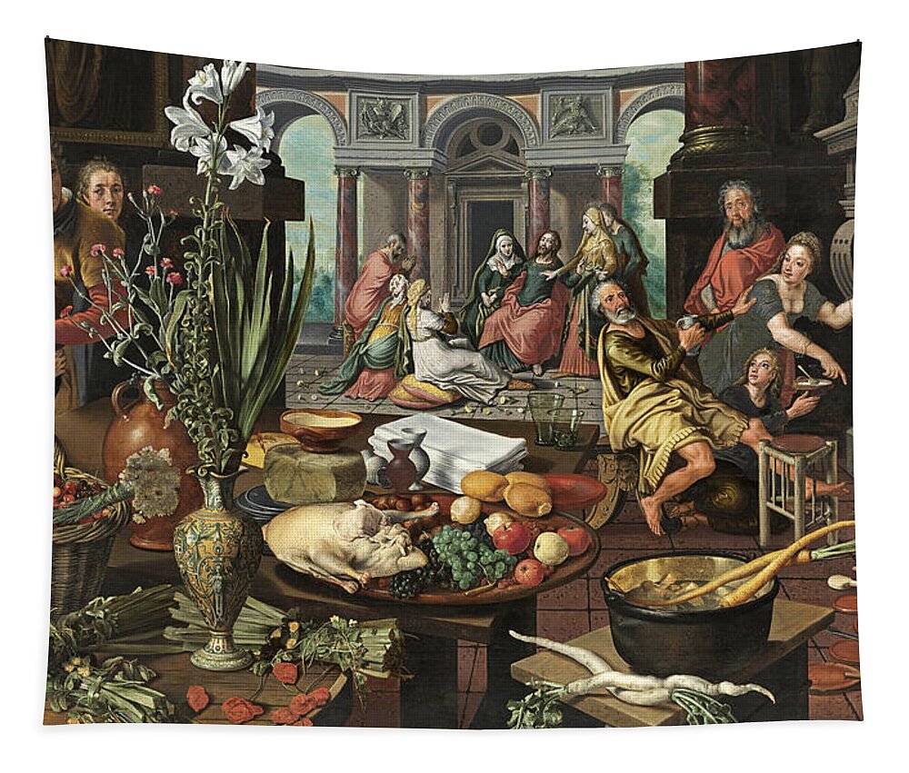 Pieter Aertsen Tapestry featuring the painting Christ in the House of Martha and Mary #4 by Pieter Aertsen