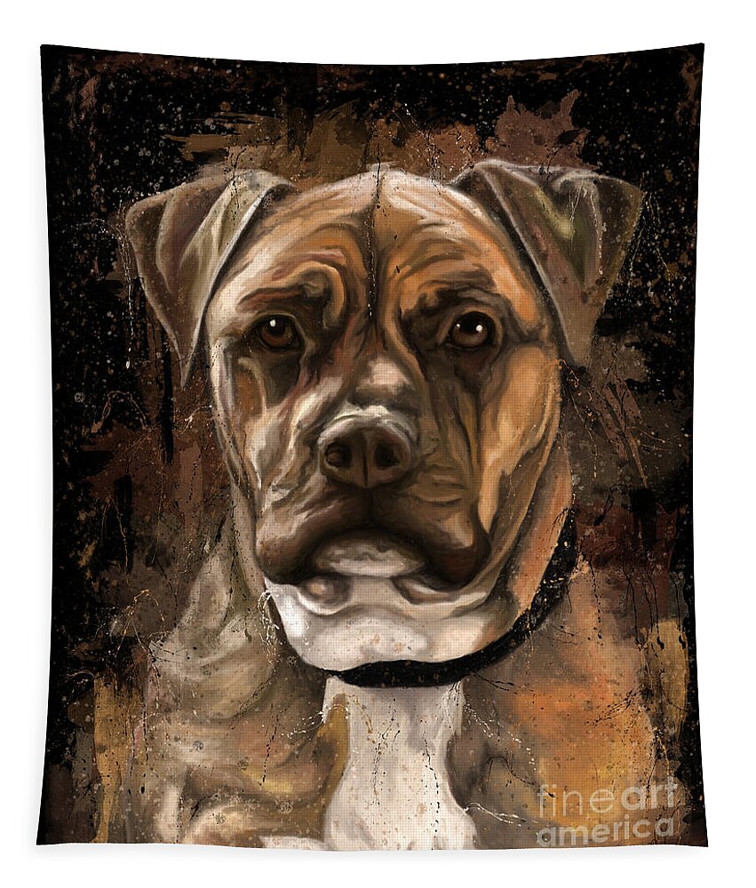Amstaff Terrier Tapestry featuring the painting Dog portrait painting, American staffordshire terrier by Nadia CHEVREL