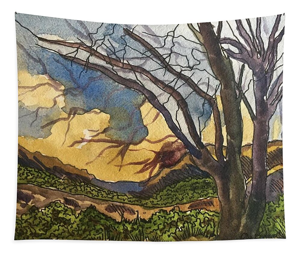 Landscape Tapestry featuring the painting Davis Mountains at Sunrise by Angela Weddle