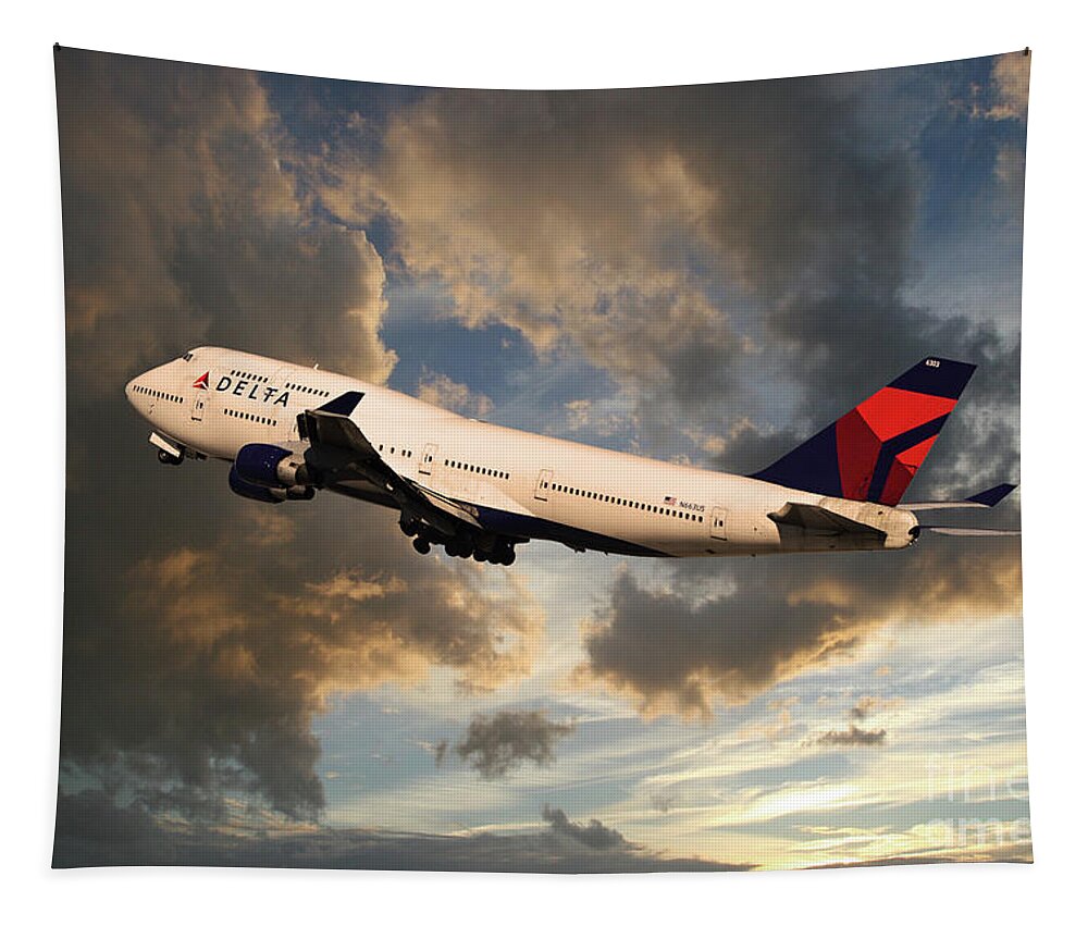 Delta Tapestry featuring the digital art Delta Airlines Boeing 747 #1 by Airpower Art