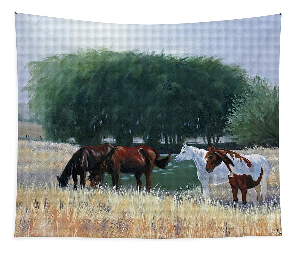 Horses Tapestry featuring the painting Down by the Watering Hole #1 by Julie Peterson
