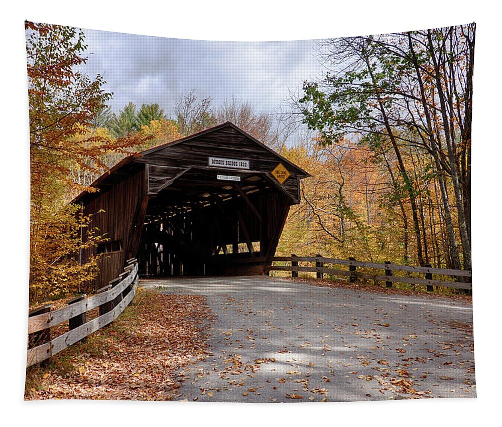 #jefffolger Tapestry featuring the photograph Fall colors over the Durgin Covered Bridge #1 by Jeff Folger