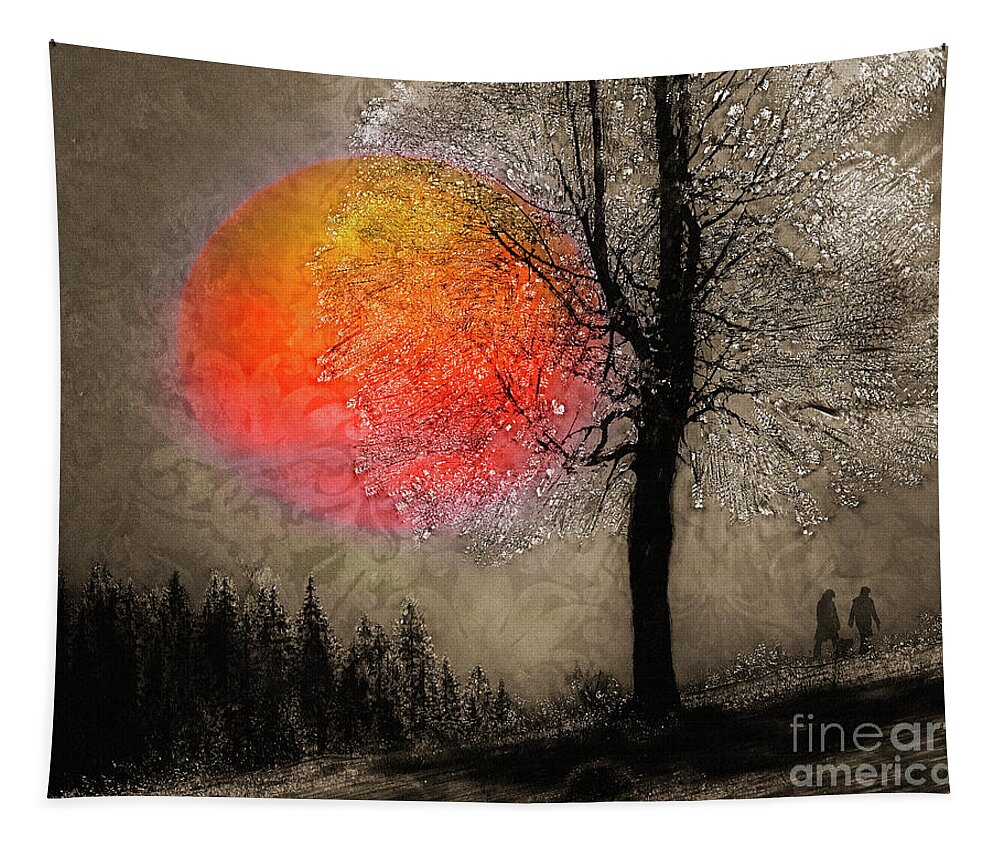 Nag004851a Horizontal Horizontal Modern Contemporary Fine Digital Art Artwork Painting Digitally Painted Lone Single Tree At Sunrise Sunset Blue Early Morning Evening Large Big Red Sun Setting Couple Walking With Dog Walkers Edmund Nagele Naegele Nagelestock Original Picture Image Wall Tapestry featuring the digital art First Light #1 by Edmund Nagele FRPS