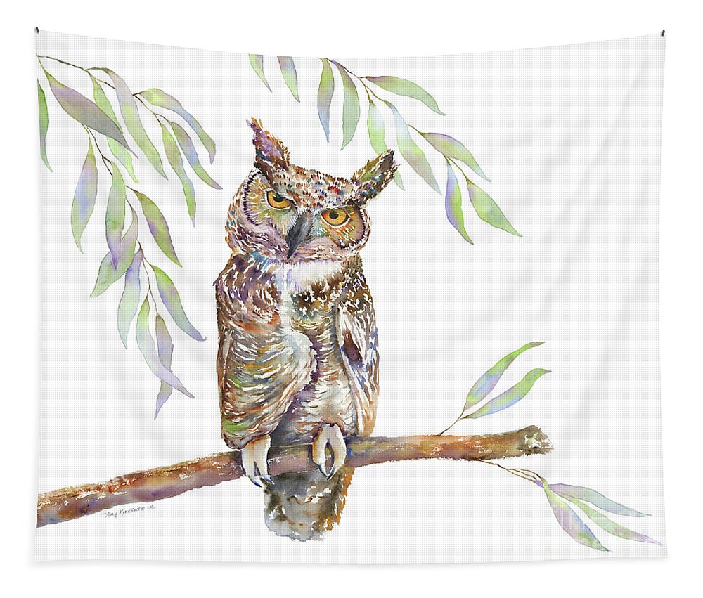 Great Horned Owl Tapestry featuring the painting Great Horned Owl by Amy Kirkpatrick