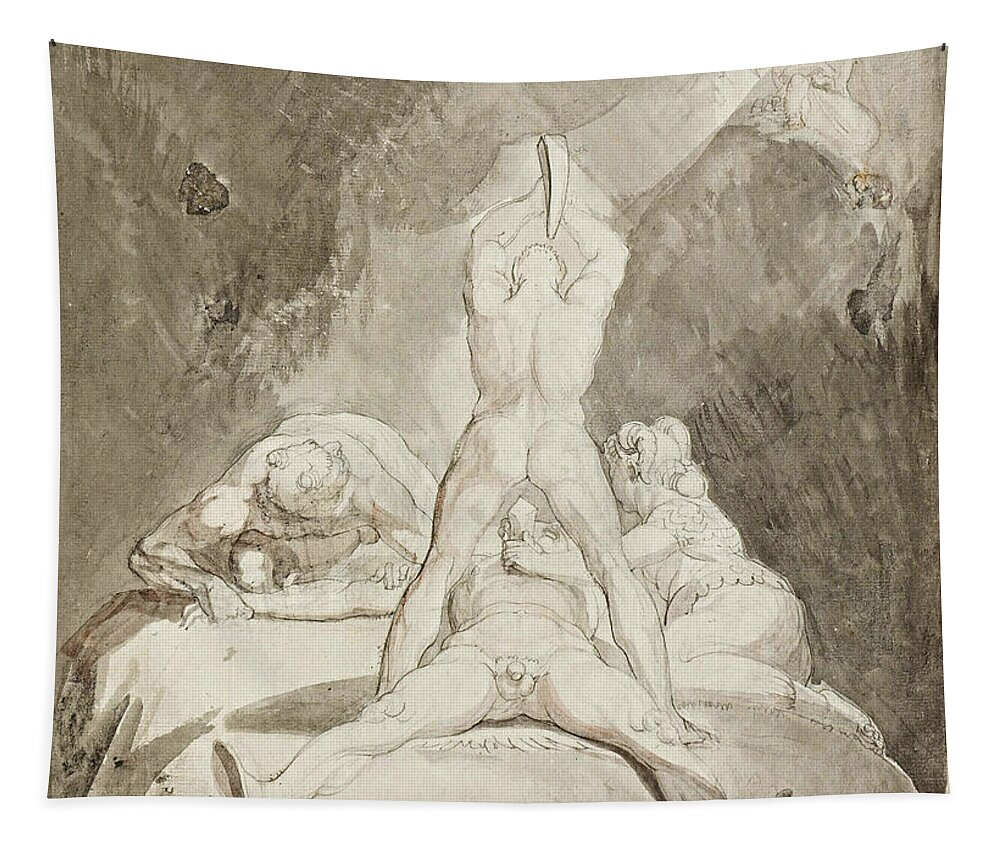 Henry Fuseli Tapestry featuring the drawing Hephaestus Bia and Crato Securing Prometheus on Mount Caucasus #2 by Henry Fuseli