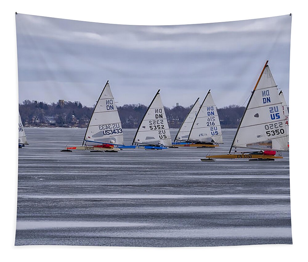 Ice Boats Tapestry featuring the photograph ice sailing - Madison - Wisconsin by Steven Ralser