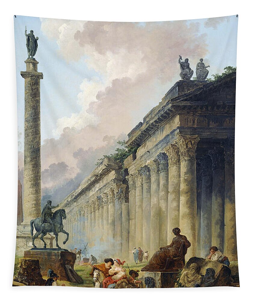 Hubert Robert Tapestry featuring the painting Imaginary View of Rome with Equestrian Statue of Marcus Aurelius, the Column of Trajan and a Temple by Hubert Robert