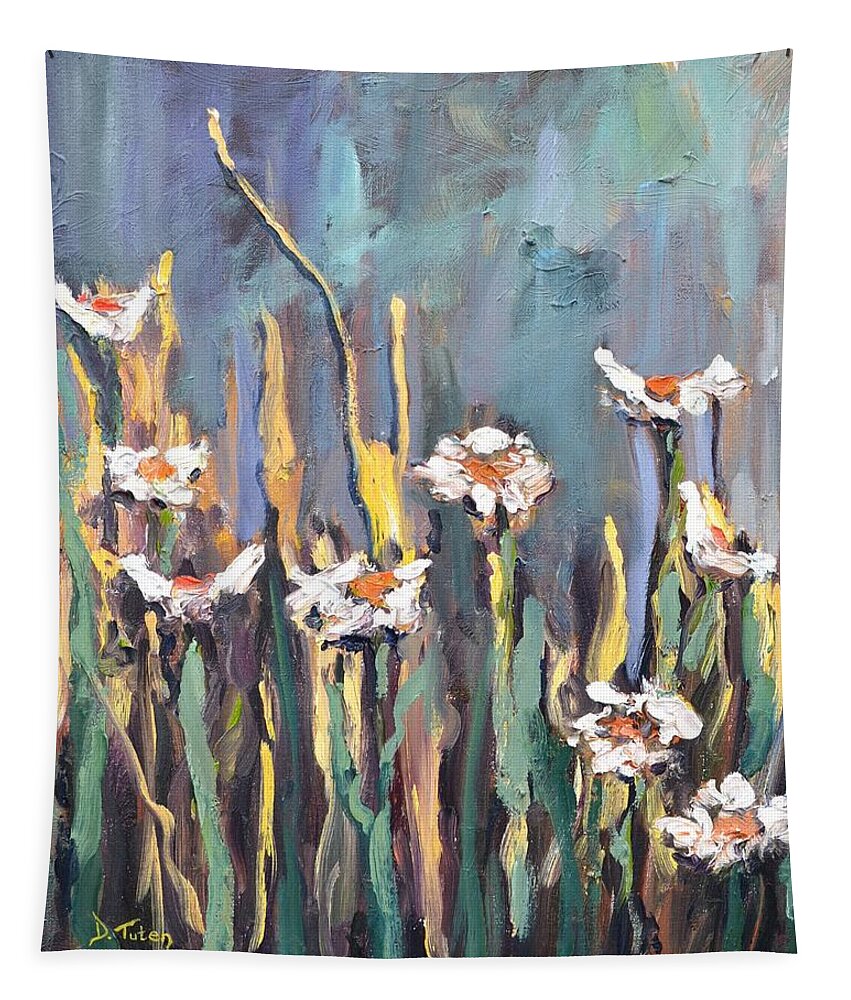 Floral Tapestry featuring the painting Impasto Daisies by Donna Tuten