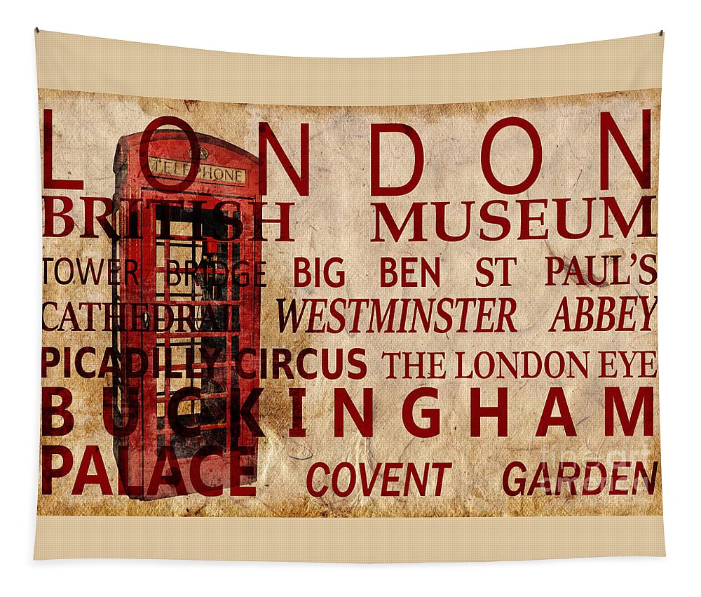 London Tapestry featuring the photograph London vintage poster red by Delphimages London Photography