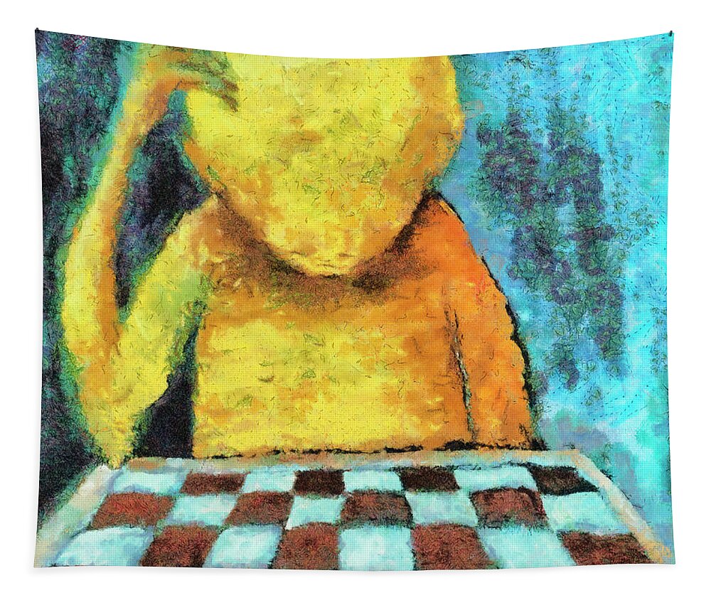 Chess Tapestry featuring the painting Lonesome chess player #1 by Michal Boubin