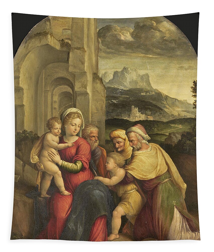 Benvenuto Tisi Tapestry featuring the painting The Holy Family by Benvenuto Tisi