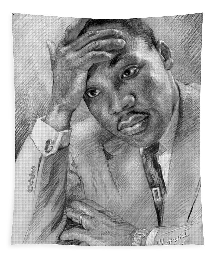 Martin Luther King Jr Tapestry featuring the drawing Martin Luther King Jr by Ylli Haruni