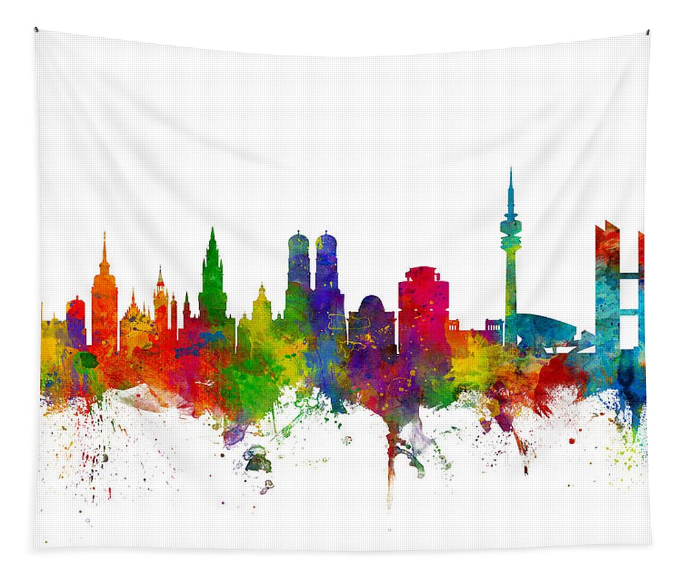 City Skyline Tapestry featuring the digital art Munich Germany Skyline #1 by Michael Tompsett