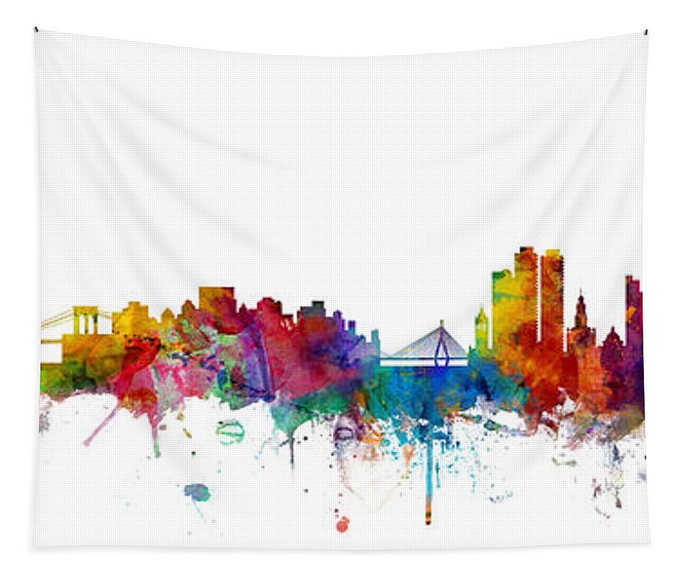 Boston Tapestry featuring the digital art New York And Boston Skyline Mashup #1 by Michael Tompsett