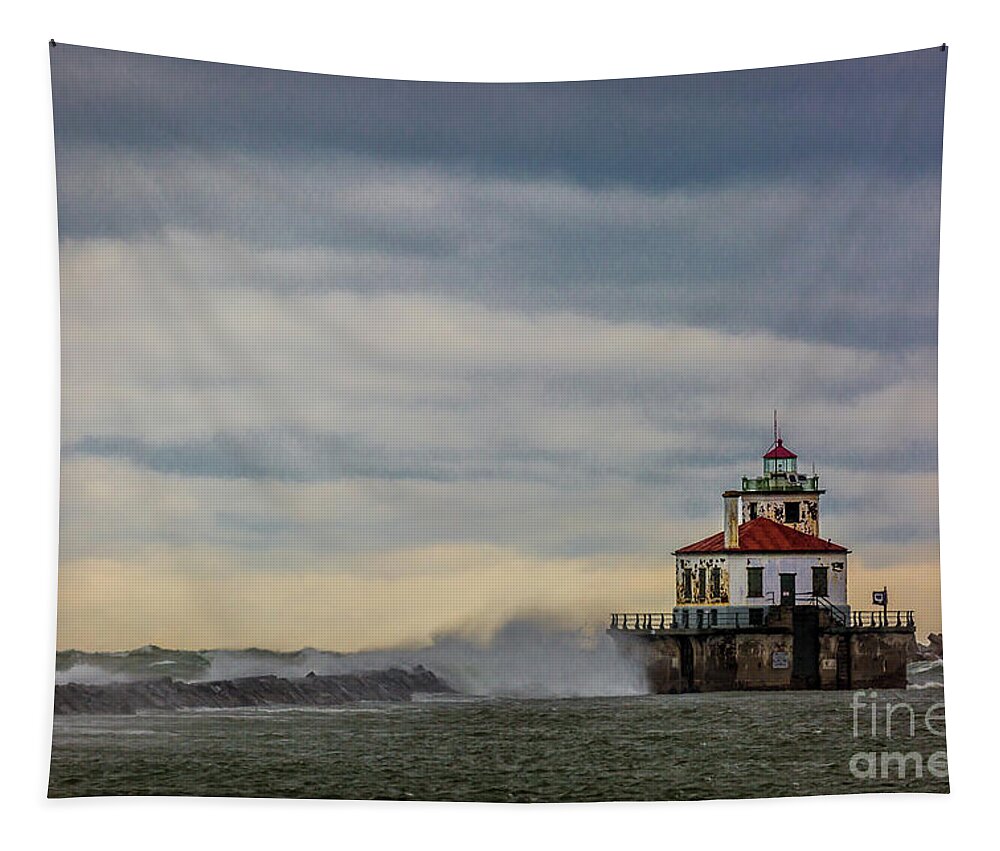 Breakers Tapestry featuring the photograph Oswego Harbor West Pierhead Light #1 by Roger Monahan