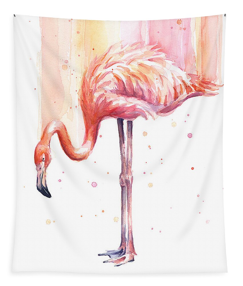 Flamingo Tapestry featuring the painting Pink Flamingo Watercolor Rain #1 by Olga Shvartsur