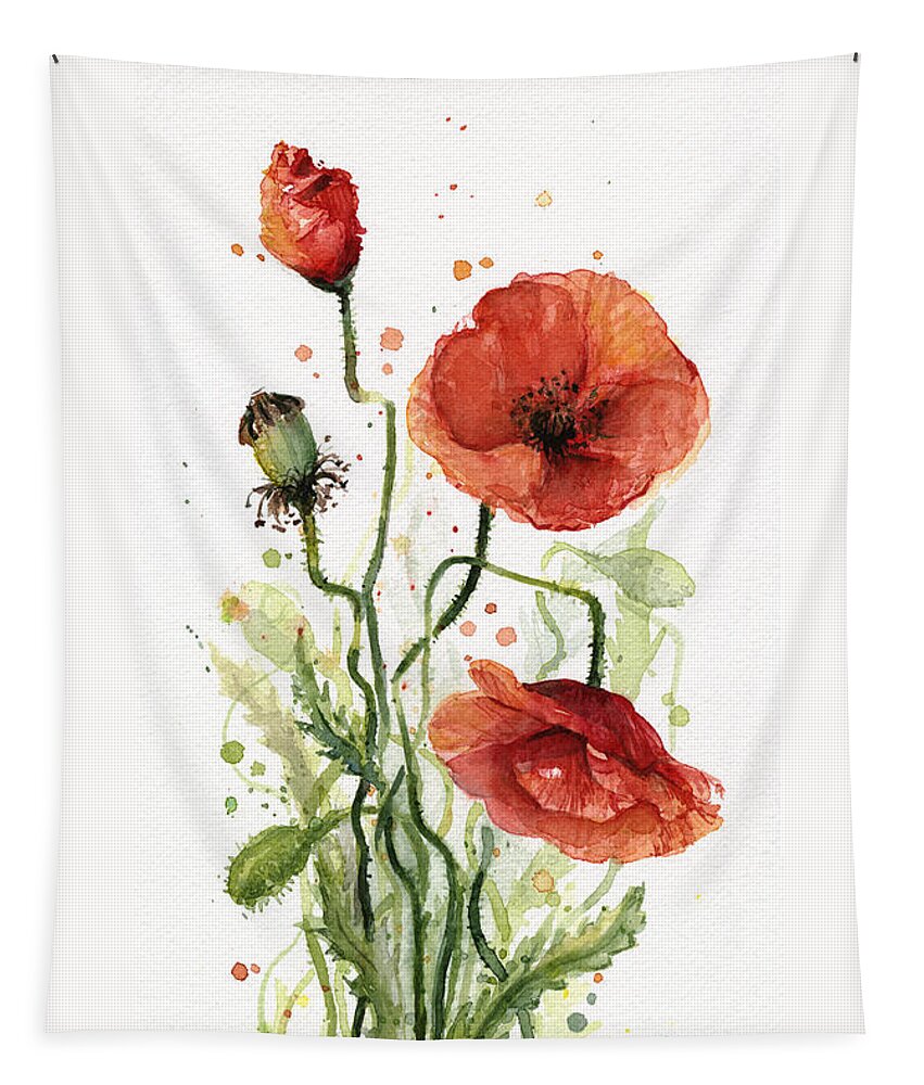 Red Poppy Tapestry featuring the painting Red Poppies Watercolor by Olga Shvartsur