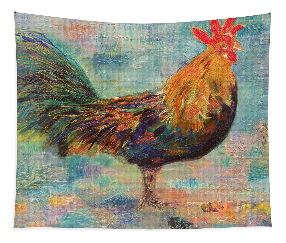 Rooster Tapestry featuring the mixed media Regal Rooster by Julia Malakoff