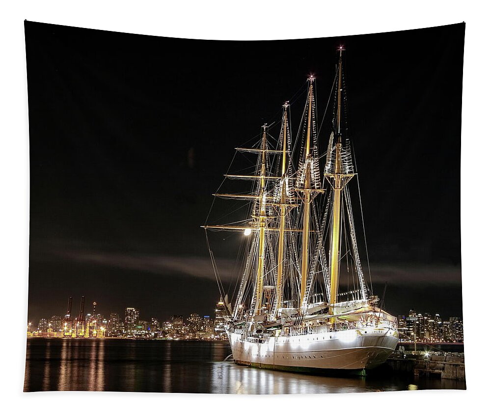 Alex Lyubar Tapestry featuring the photograph Sailing ship at the pier by Alex Lyubar
