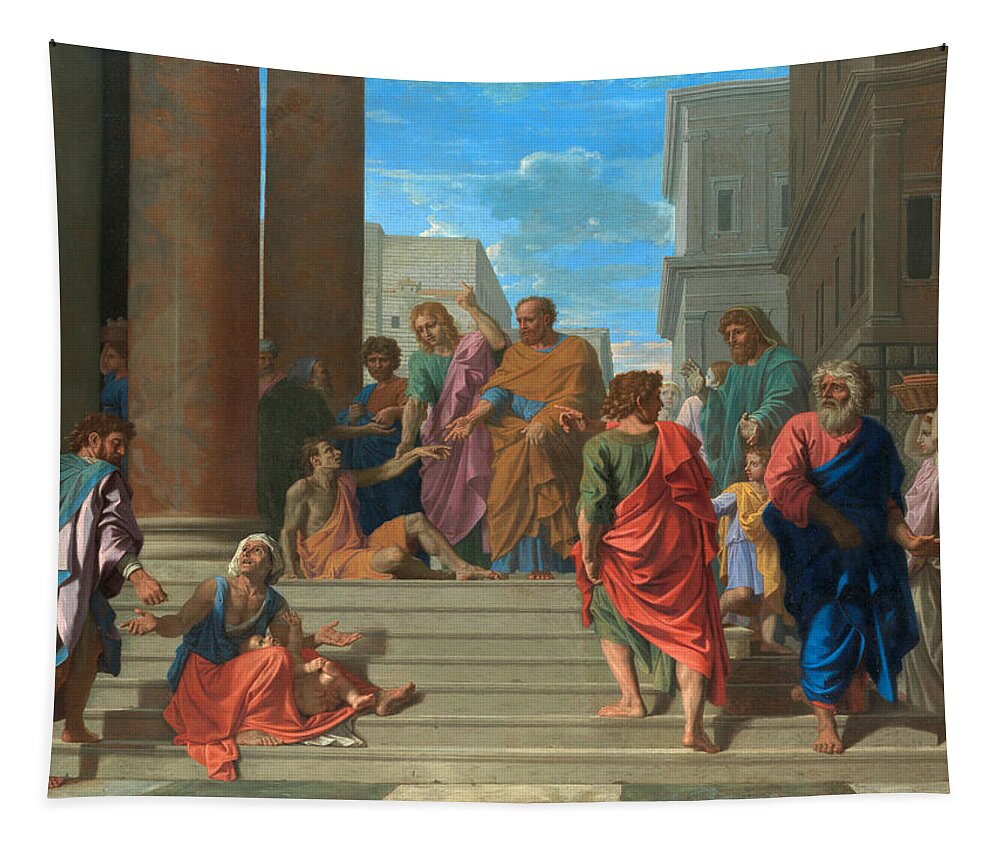 Nicolas Poussin Tapestry featuring the painting Saints Peter and John Healing the Lame Man #4 by Nicolas Poussin