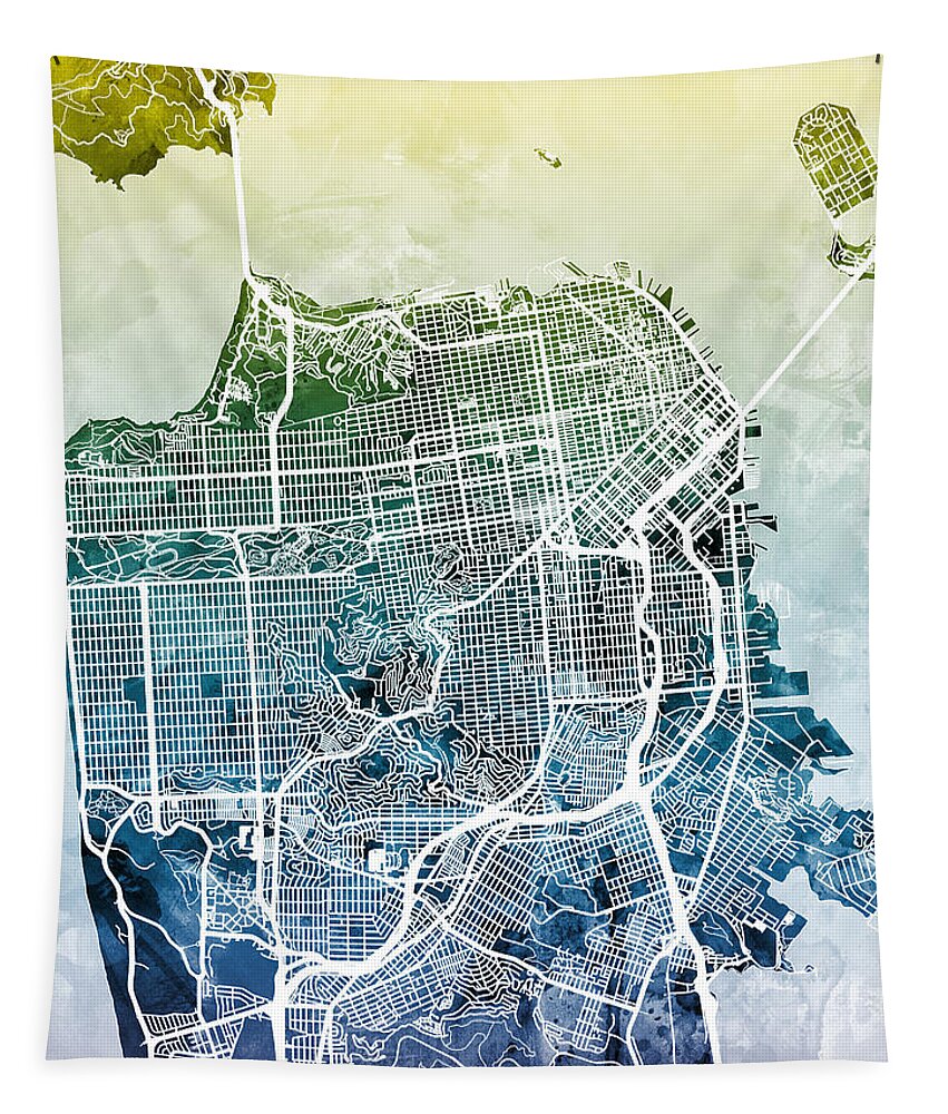 San Francisco Tapestry featuring the digital art San Francisco City Street Map by Michael Tompsett
