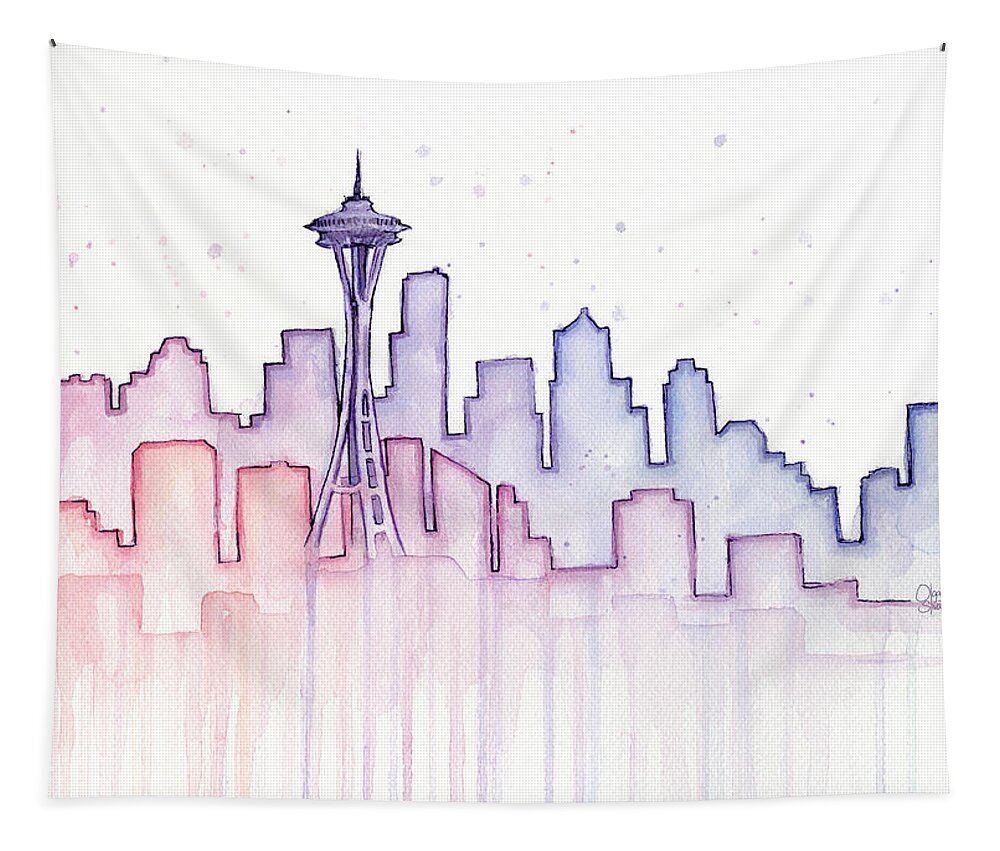 Watercolor Tapestry featuring the painting Seattle Skyline Watercolor by Olga Shvartsur