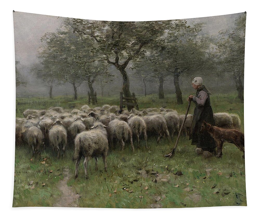 Anton Mauve Tapestry featuring the painting Shepherdess with a Flock of Sheep #2 by Anton Mauve