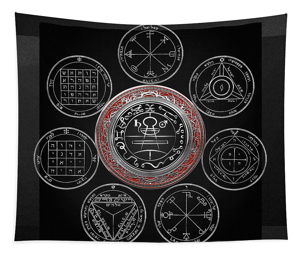 'sacred Symbols' Collection By Serge Averbukh Tapestry featuring the photograph Silver Seal of Solomon over Seven Pentacles of Saturn on Black Canvas #1 by Serge Averbukh