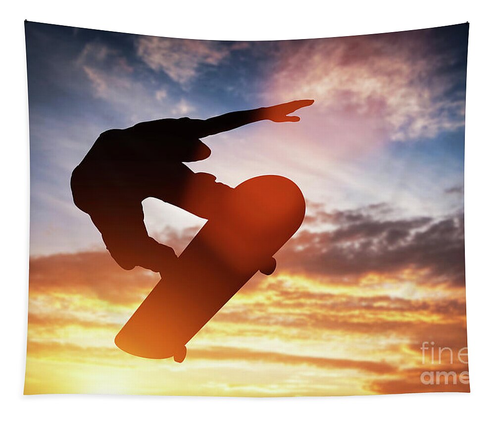 Man Tapestry featuring the photograph Skateboarder jumping at sunset. #1 by Michal Bednarek