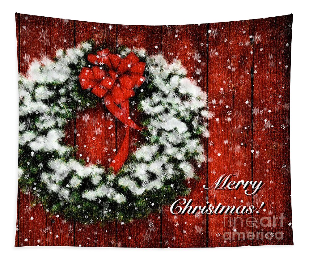 Christmas Card Tapestry featuring the photograph Snowy Christmas Wreath Card by Lois Bryan