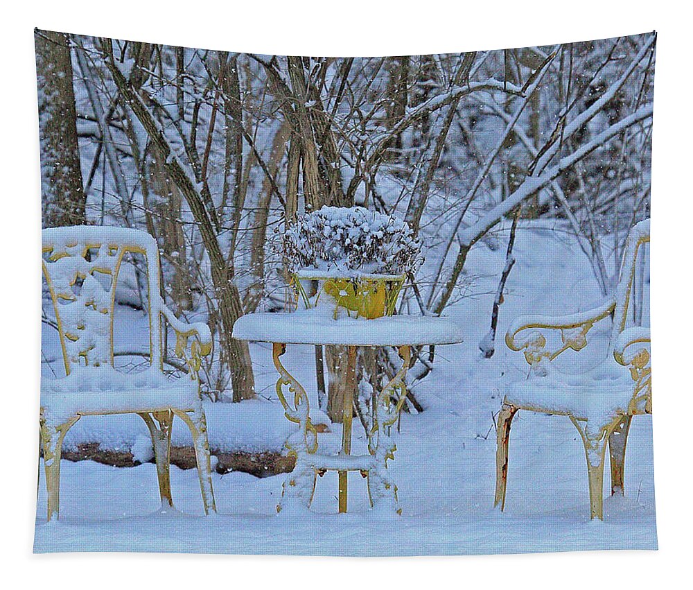 Snowy Sit A Spell Tapestry featuring the photograph Snowy Sit a Spell by PJQandFriends Photography