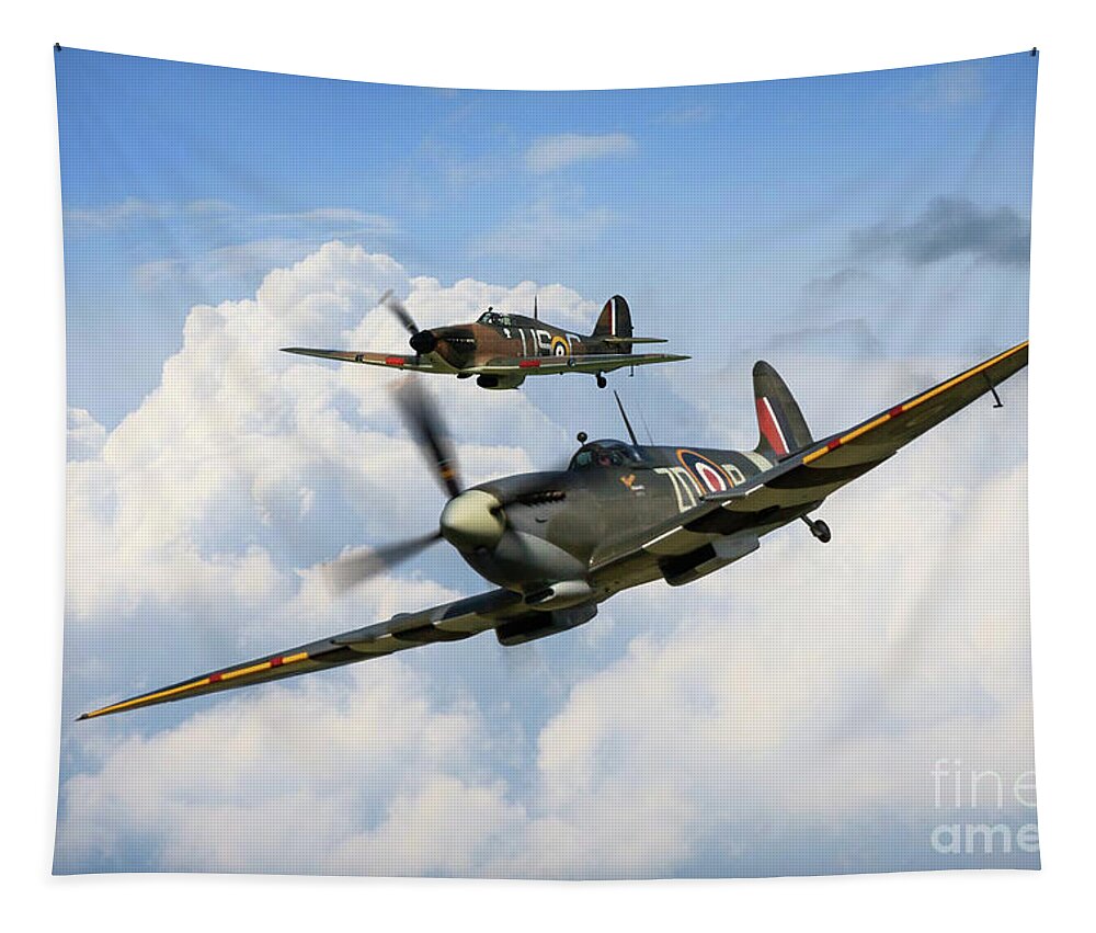 Spitfire Tapestry featuring the digital art Spitfire and Hurricane #1 by Airpower Art