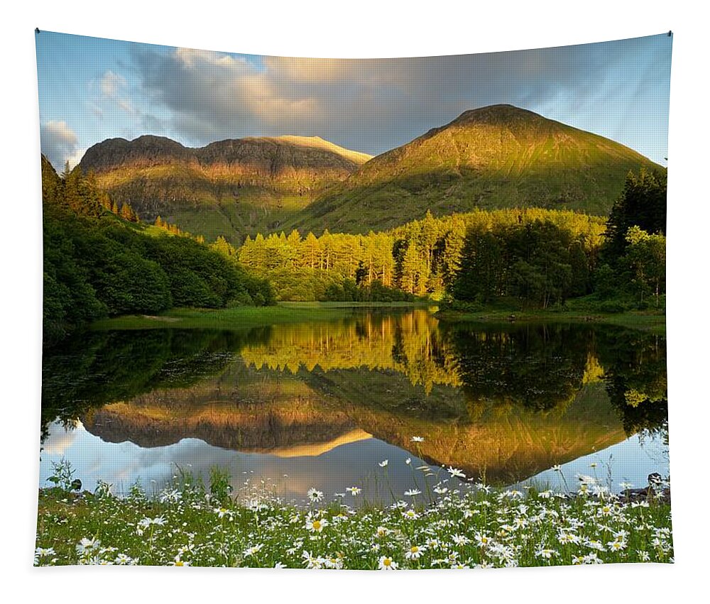 Glencoe Tapestry featuring the photograph Summer reflections in Glencoe #1 by Stephen Taylor