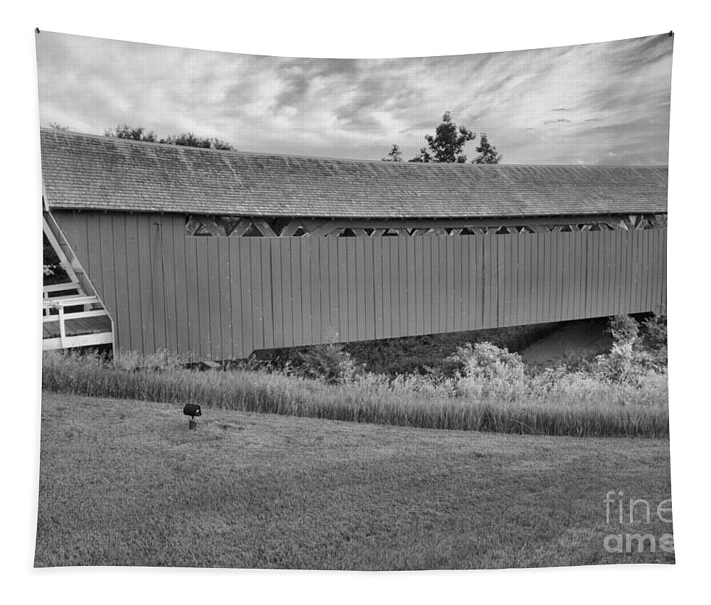 Imes Tapestry featuring the photograph Sunset Over The Imes Covered Bridge Black And White by Adam Jewell